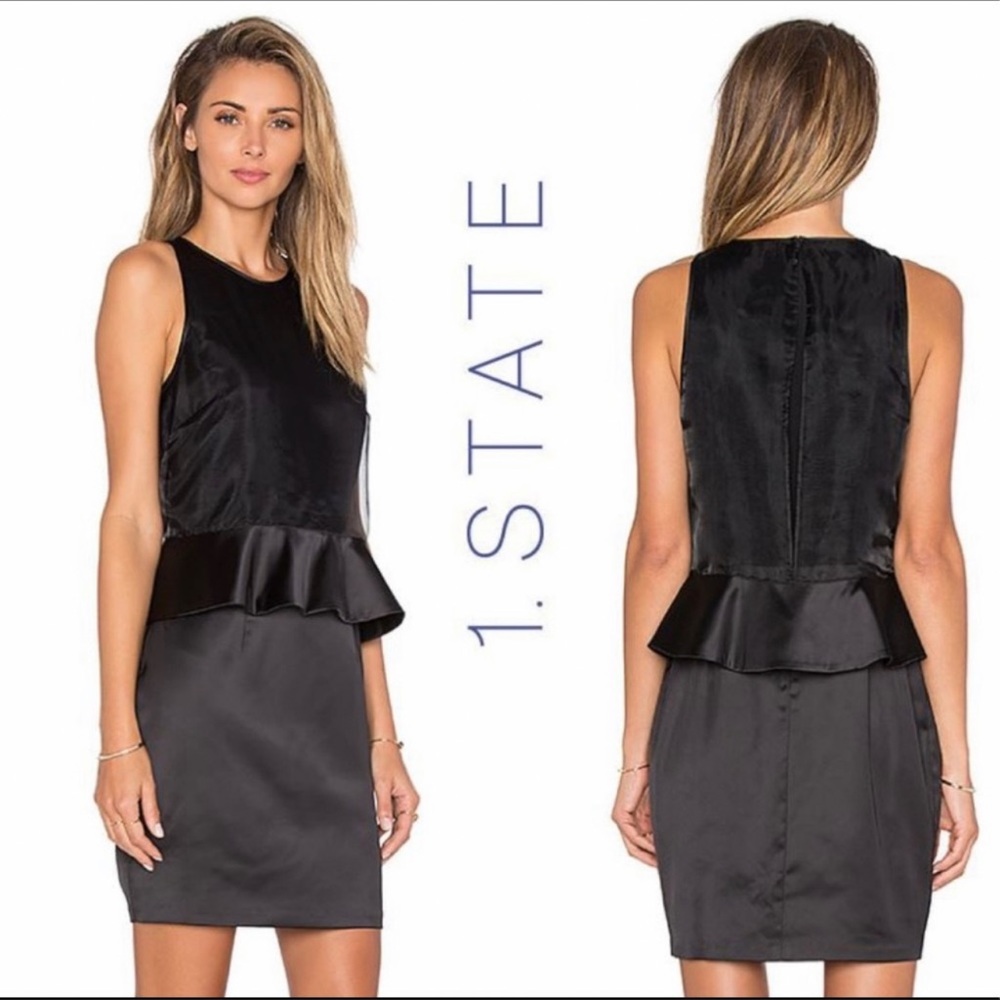 1. State Black Overlap Organza Peplum Dress